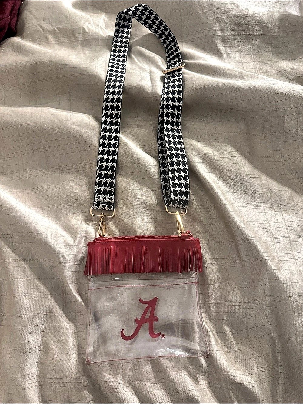 Alabama Red & Black Fringe Houndstooth Strap Crossbody Stadium Bag